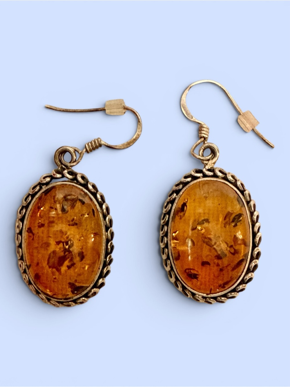 Sterling Silver Baltic Amber Dangle Earrings
Oval‎ shaped Cabochon Stones VTG